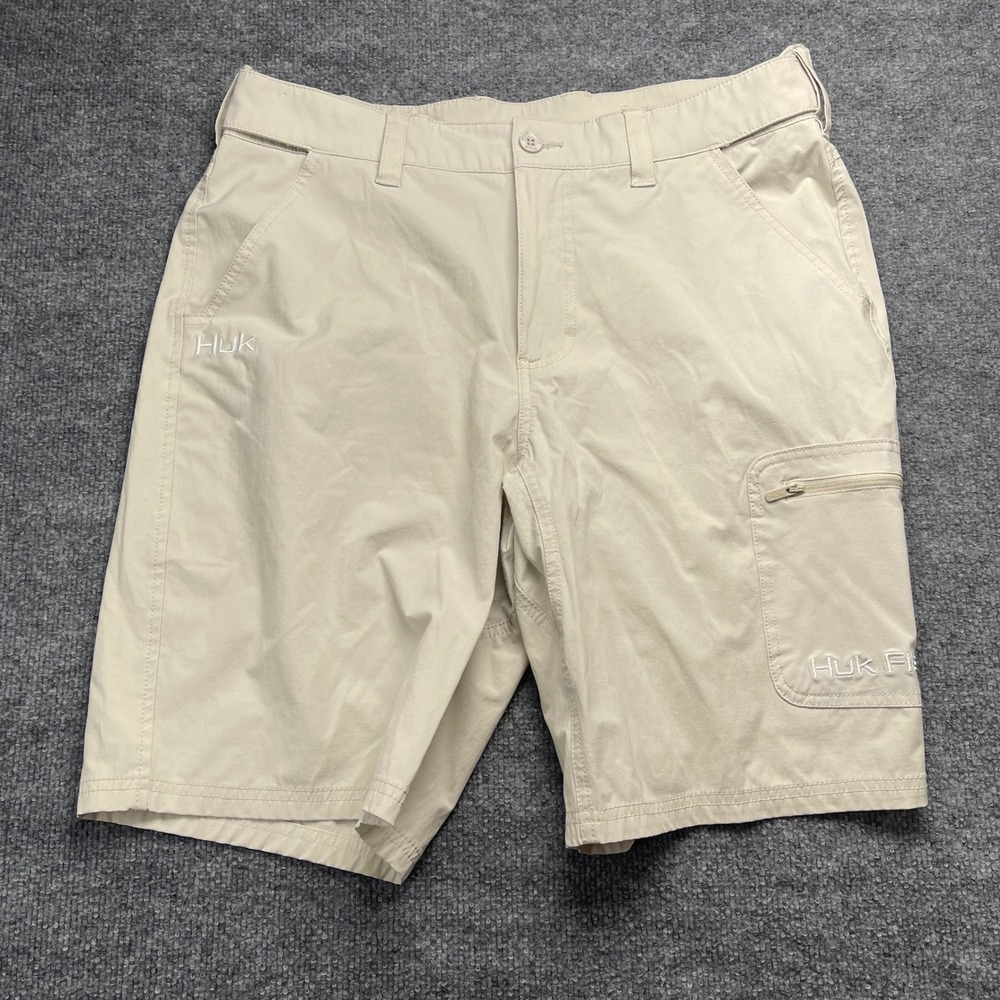 Huk Performance Fishing Shorts Mens Large Tan Khaki Cargo Stretch Inseam 10in